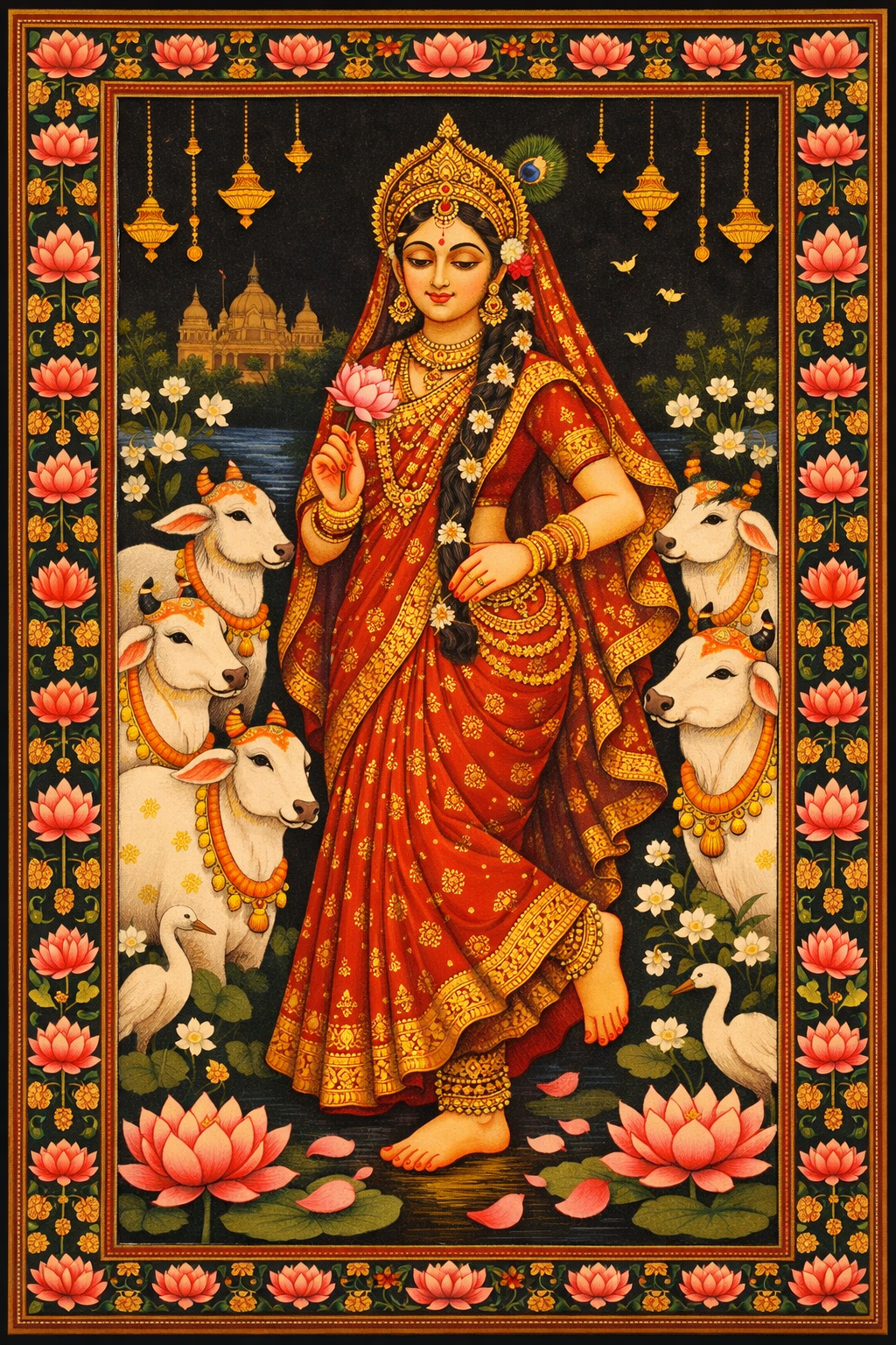 Radha Rani in Pichwai cloth painting style with flat perspective rich colors lotus motifs and decorative Rajasthani border — HD wallpaper